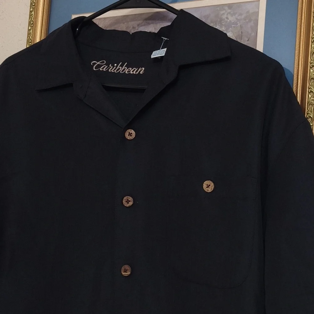 Caribbean Black Shirt Embroidered Mountains Beer Design Coastal Men's Large - Picture 5 of 9